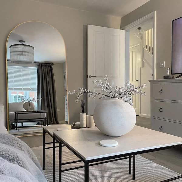 31.5 in. W x 70.5 in. H Oversized Arch Wood Framed Gold Standing Mirror Full Length Floor Leaning Mirror