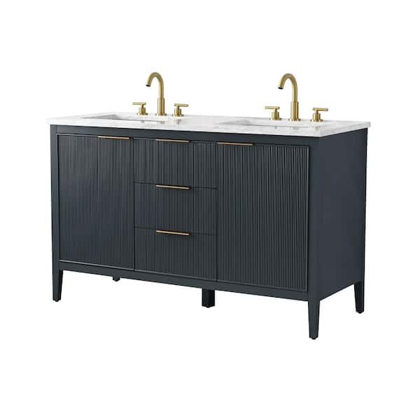 Emma 54 in. W Bath Vanity in Vintage Blue with Engineered Stone Top in Arabescato with White Sinks