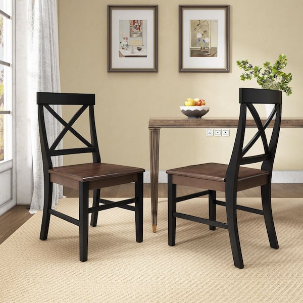 Black and Walnut Farmhouse Solid Acacia Wood Dining Chairs (Set of 2)