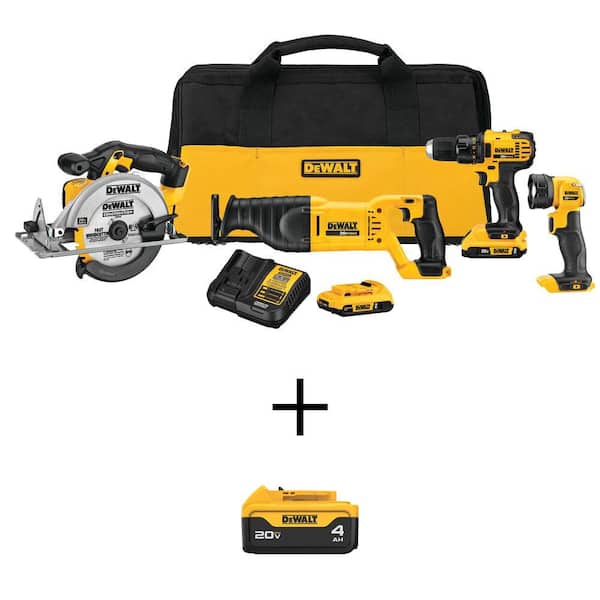 20V MAX Cordless 4 Tool Combo Kit with 20V MAX Lithium-Ion 4.0Ah Battery-Pack, (2) 20V 2.0Ah Batteries and Charger