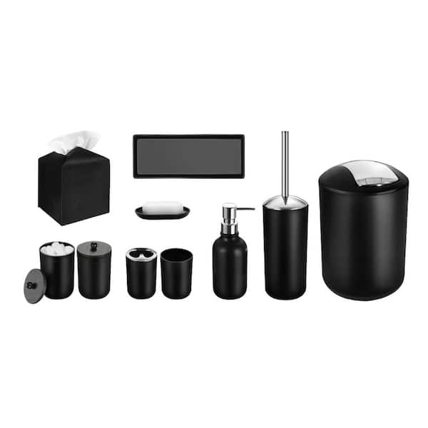 Bath Accessories Set, 10-Piece Bathroom Accessories with Can, Dispenser, Holder, Dish, Jar, Brush and Box, Black