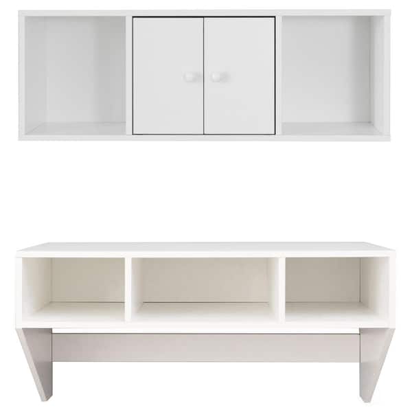 Basicwise 36 in. Rectangular White Floating Desk with Hutch