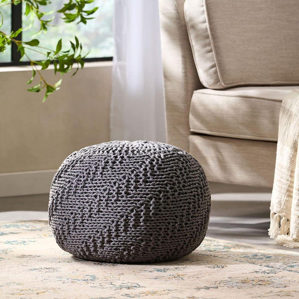 Dark Gray Cotton Round Pouf with Knit Weave Cover for Seasonal Home Decor, 