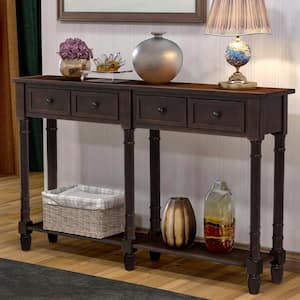 58 in. Espresso Rectangle Wood Long Console Table Sofa Table with 2-Drawers and Bottom Shelf for Living Room Entryway