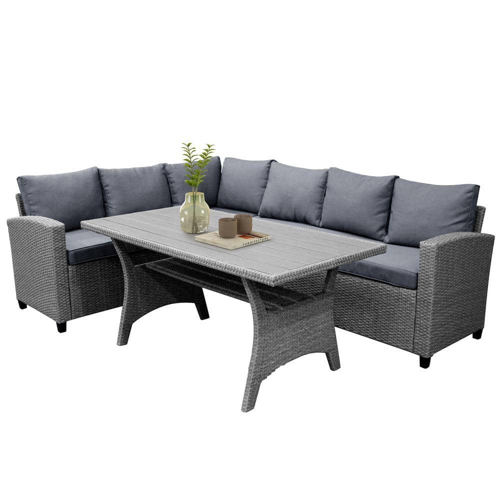Gray 3-Pieces PE Rattan Wicker Patio Conversation Sectional Seating Set wit
