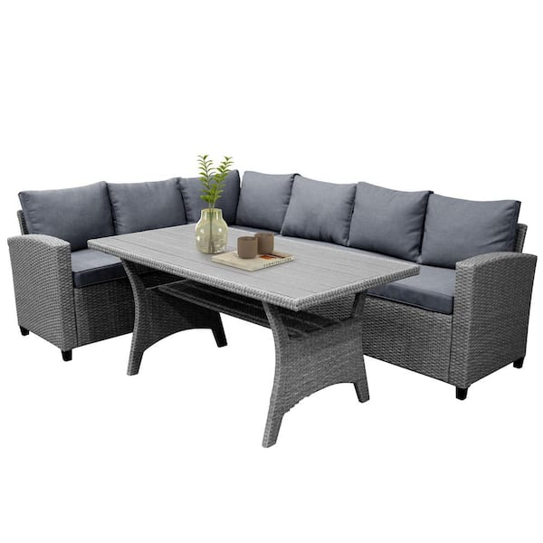 Unbranded Gray 3-Pieces PE Rattan Wicker Patio Conversation Sectional Seating Set with Gray Cushions All-Weather