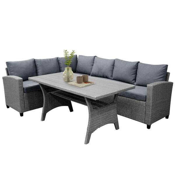 Tatayosi 3-Piece PE Rattan Wicker Outdoor Patio Furniture Conversation Set Sectional Sofa Set with Gray Cushions