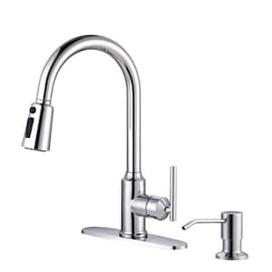 Single Handle Pull Down Sprayer Kitchen Faucet in Chrome, Stainless Steel Kitchen Faucet with Soap Dispenser