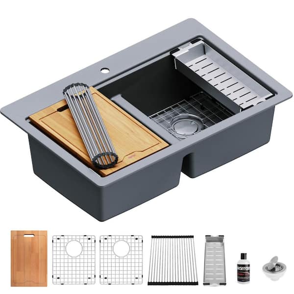Karran QTWS-880 Quartz/Granite 33 in. Double Bowl Drop-in Workstation Kitchen Sink in Grey