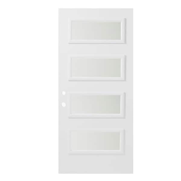 Stanley Doors 32 in. x 80 in. Lorraine Satin Opaque 4 Lite Painted White Right-Hand Inswing Steel Prehung Front Door