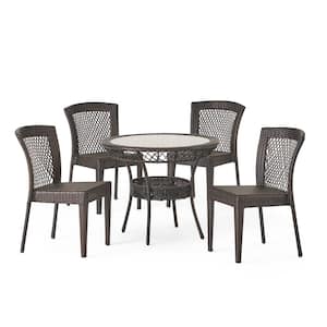 Lilly Multi-Brown 5-Piece Faux Rattan Round Outdoor Dining Set with Stacking Chairs