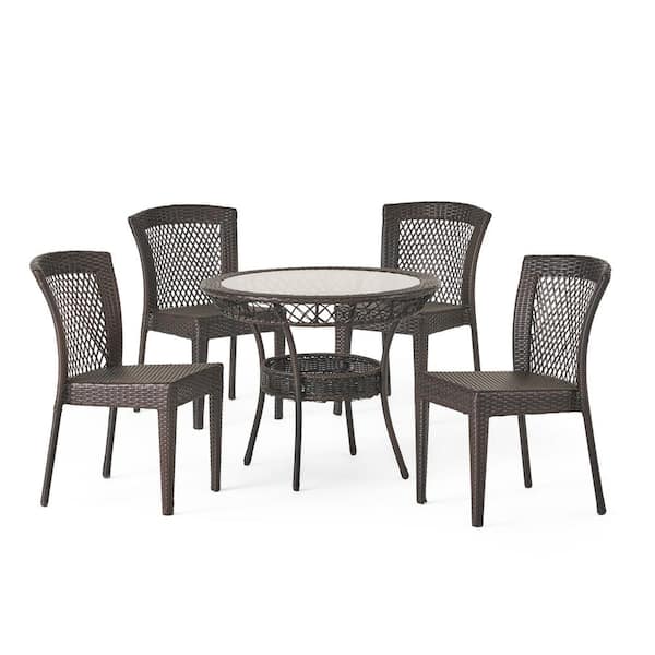 Noble House Lilly Multi-Brown 5-Piece Faux Rattan Round Outdoor Patio Dining Set with Stacking Chairs
