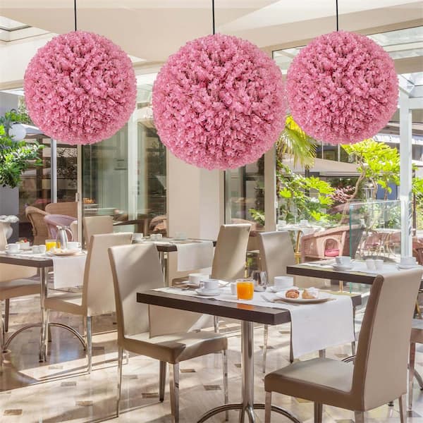Costway 17.5 in. Pink Artificial Plant Topiary Ball Faux