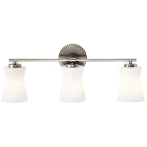 Brianne 24.5 in. 3-Light Classic Pewter Mid-Century Modern Bathroom Vanity Light with Satin Etched Cased Opal Glass