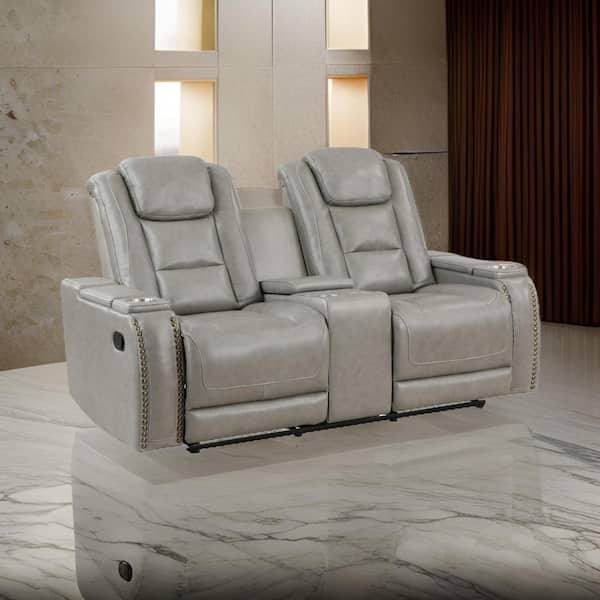 Benjara 73 in. Flared Arm Leather Rectangle Loveseat Recliner Sofa in Gray