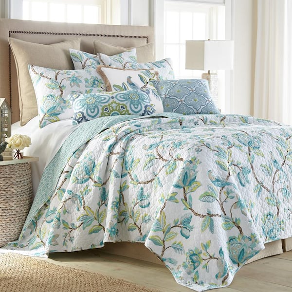 Cressida 3-Piece Teal Floral, Bird Cotton King/Cal King Quilt Set