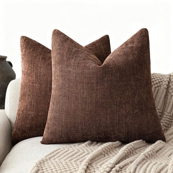 18x18 Inch Throw Pillow Covers 2-Pack Chenille Decorative Pillowcases Accent Cushion Cover, Beaver Fur