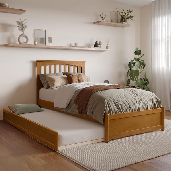 AFI Everett Light Toffee Natural Bronze Solid Wood Frame Twin XL Platform Bed with Panel Footboard and Twin XL Trundle
