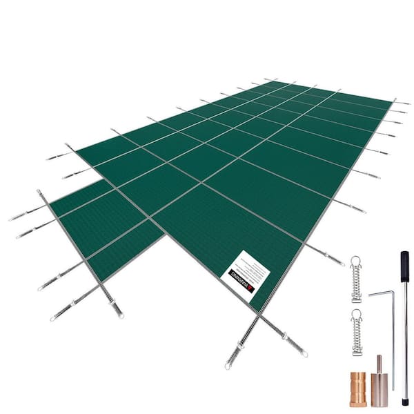 Green Pool Safety Cover Fits 18x36ft. Rectangle Inground Pools, with 4x10ft. Center End Step, Mesh Solid Pool Cover