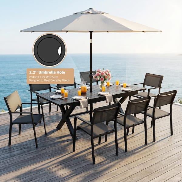 expandable patio table with umbrella hole NIHIRERE Black Aluminum Rectangular 63''-83'' Expandable Patio Outdoor Dining Table with Umbrella Hole for 8