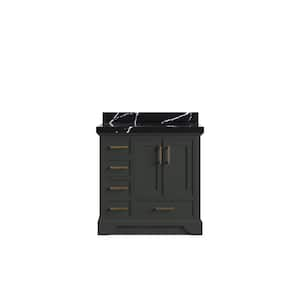 Charlotte 36 in. Right Offset Sink Freestanding Black Top Bath Vanity with Calacatta Black Qt. Top Unassembled