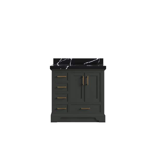 Willow Collections Charlotte 36 in. Right Offset Sink Freestanding Black Top Bath Vanity with Calacatta Black Qt. Top Unassembled