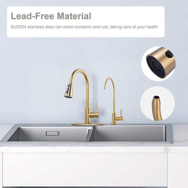 Single Handle Pull Down Sprayer Kitchen Faucet with Drinking Water Faucet in Stainless Steel Bruhsed Gold