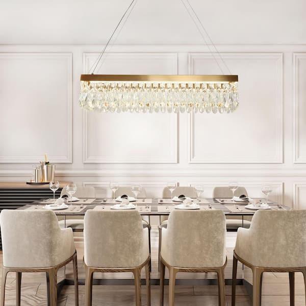 Modern 36.2 in. 1-Light Dimmable Integrated LED Plated Brass Island Chandelier with Glam Crystal Accent for Dining Room