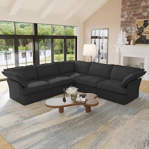 122.8 in. Flared Arm Linen 5-Piece Modular Free Combination Sectional Sofa in Black