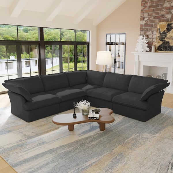 J&E Home 122.8 in. Flared Arm Linen 5-Piece Modular Free Combination Sectional Sofa in Black