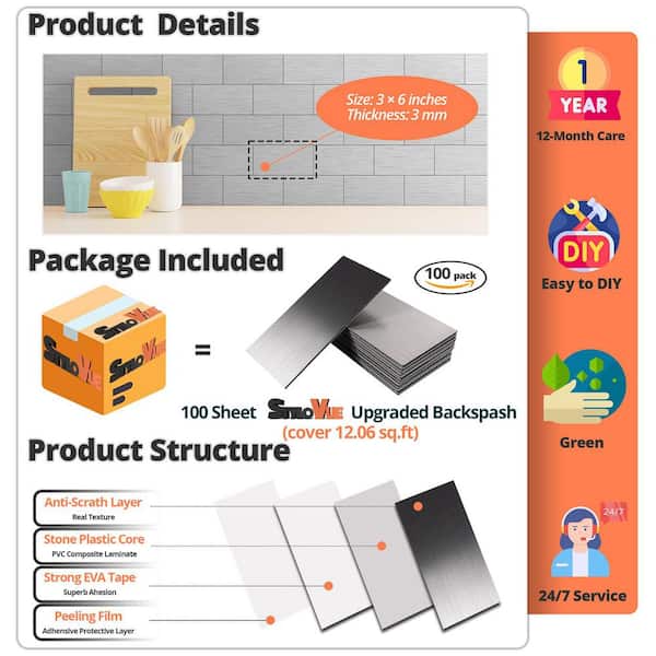 Brushed Stainless Finish 3 in. x 6 in. PVC Peel and Stick Backsplash Subway Tile 100-Pack Waterproof Heat Resistant