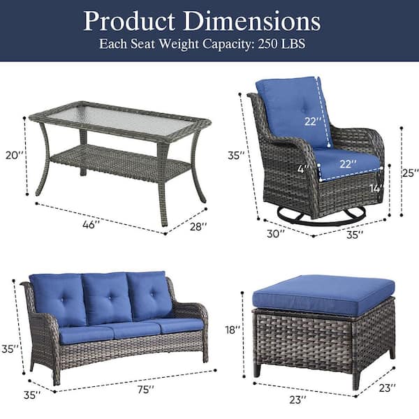 6-Piece Gray Wicker Patio Conversation Set with Olefin Blue Cushions and Swivel Glider Chairs/Sofa