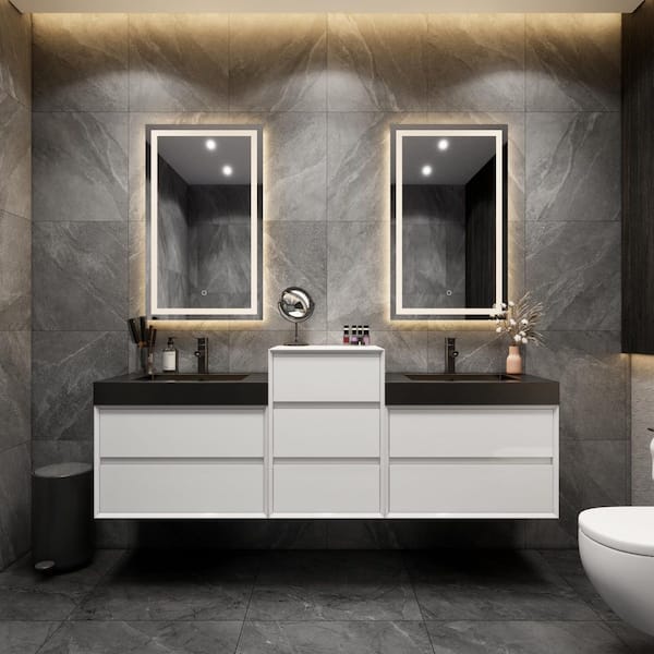 BV Better Vanity MIA 79 in. W x 20 in. D x 30 in. H Double Sink Middle Cabinet Bath Vanity in Gloss White with Black Stainless Steel Top