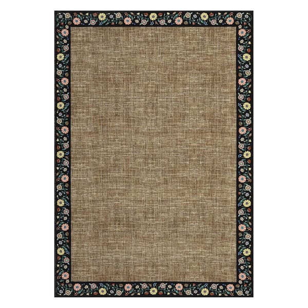 5 ft. x 7 ft. Brown Modern Floral Border Rug Low Pile Soft Non-Slip ...