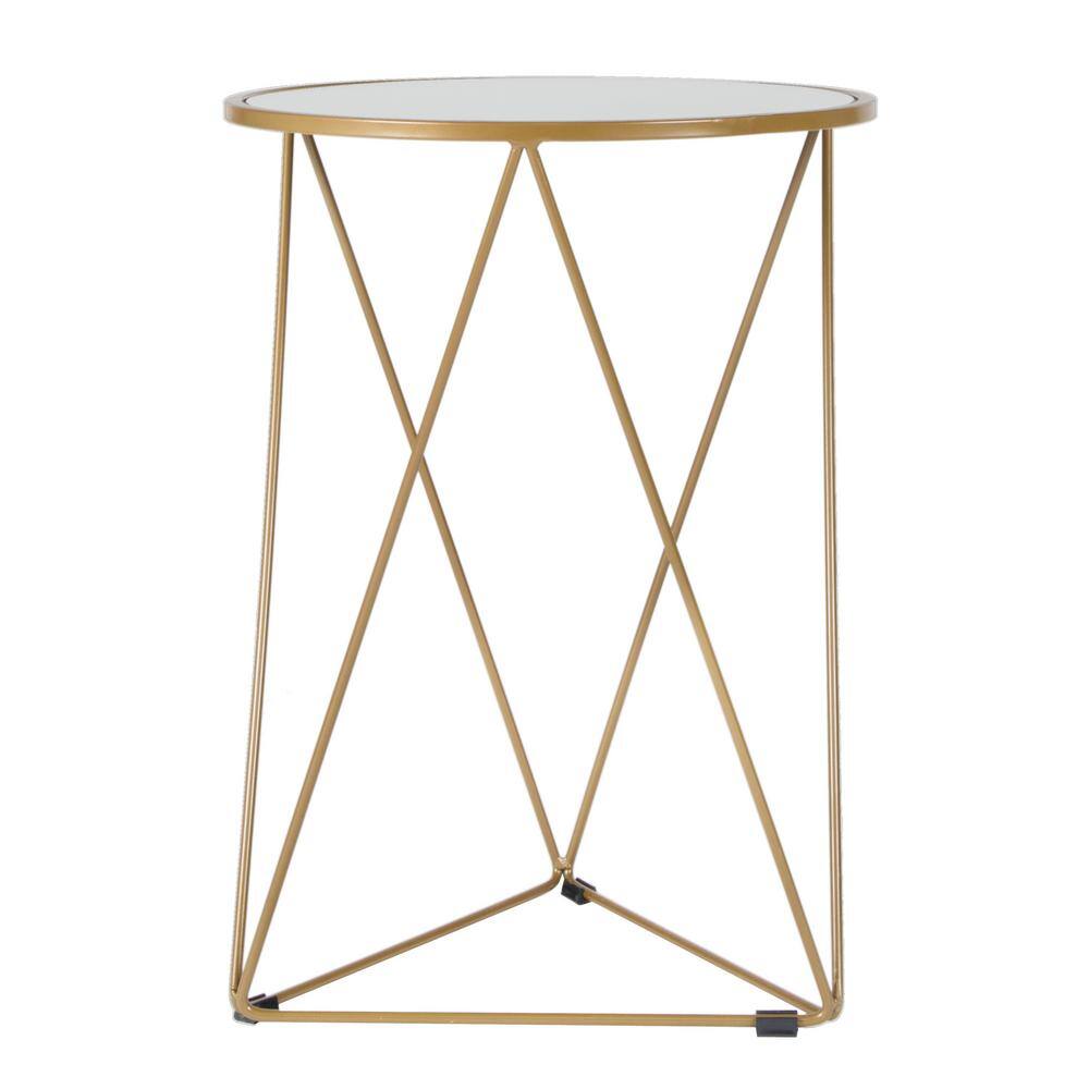 Modern Geometric Gold Metal Round Side Table with Mirrored Top