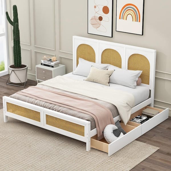 Harper & Bright Designs Rustic Style White Wood Frame Queen Size Platform Bed with 2-Drawer, Rattan Headboard and Footboard