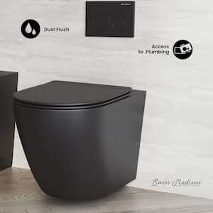 St. Tropez Wall-Hung 1-Piece 1.28 GPF Dual Flush Elongated Toilet in Matte Black, Seat Included