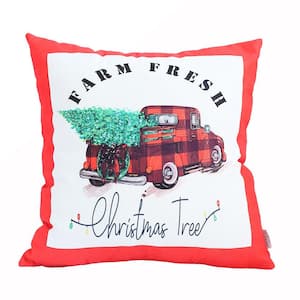 Decorative Christmas Truck Single Throw Pillow Cover 18 in. x 18 in. Red and White and Green Square for Couch, Bedding