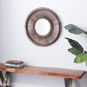 30 in. x 30 in. Brown Wood Bohemian Round Wall Mirror