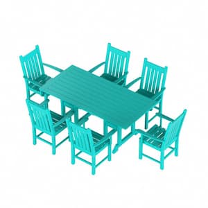 Hayes 7-Piece HDPE Plastic All Weather Outdoor Patio Trestle Table Dining Set with Armchairs in Turquoise
