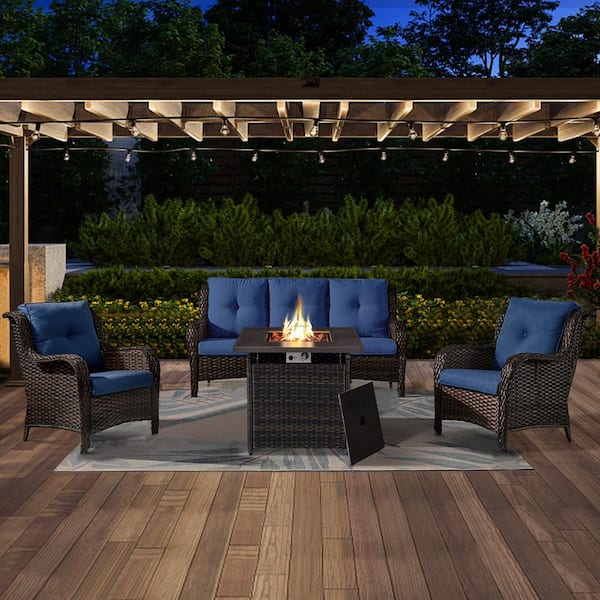 ArcoBay 4-Piece Brown Wicker Patio Square Fire Pit Conversation Set with Navy Blue Cushions and Sofa Set