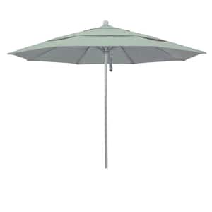 11 ft. Gray Woodgrain Aluminum Commercial Market Patio Umbrella Fiberglass Ribs and Pulley Lift in Spa Sunbrella