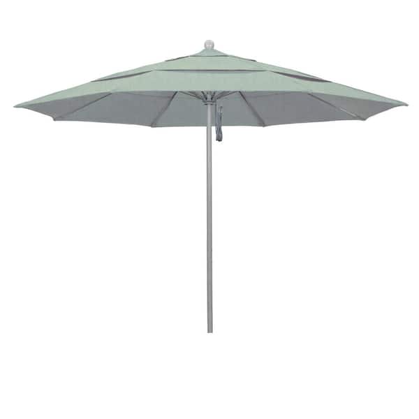 California Umbrella 11 ft. Gray Woodgrain Aluminum Commercial Market Patio Umbrella Fiberglass Ribs and Pulley Lift in Spa Sunbrella