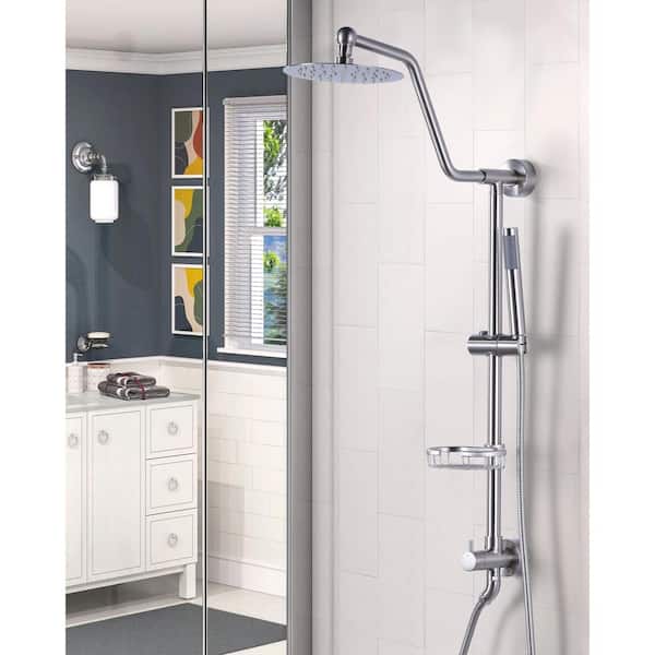 1-Spray Multifunction Round Wall Bar Shower Kit with Swivel Shower Head, Hand Shower and Soap Caddy in Brushed Nickel