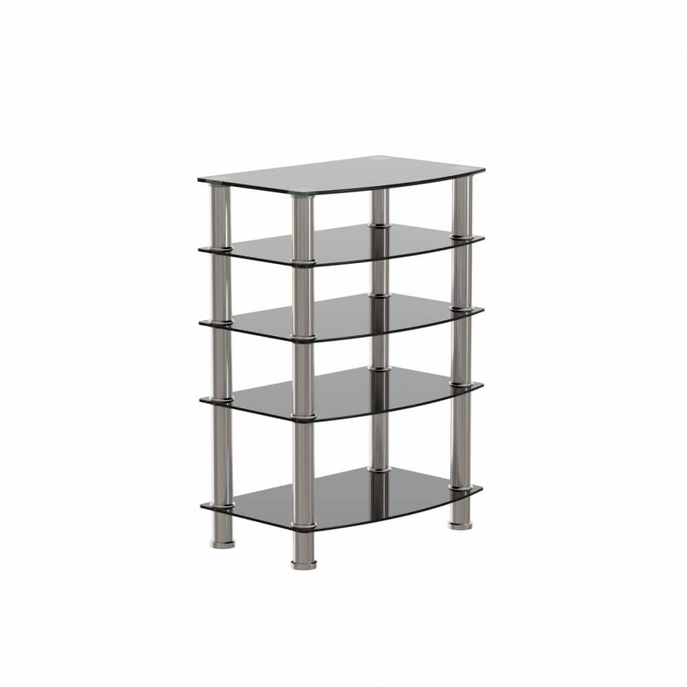 23.6 in. 5-Tier Black Rectangle Tempered Glass End Table with Stainless Ste