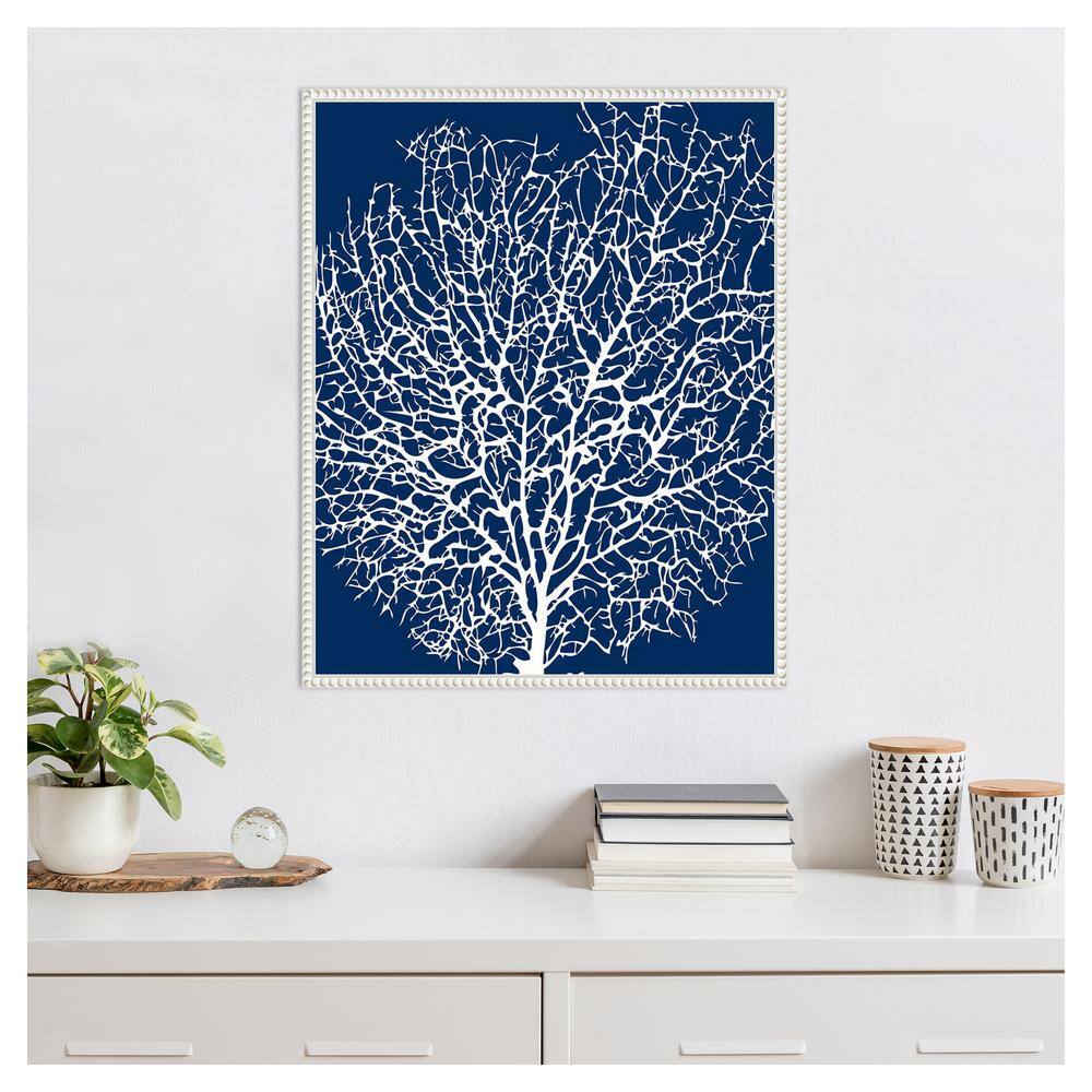 Navy and White Coral Print on Canvas with Beaded Frame