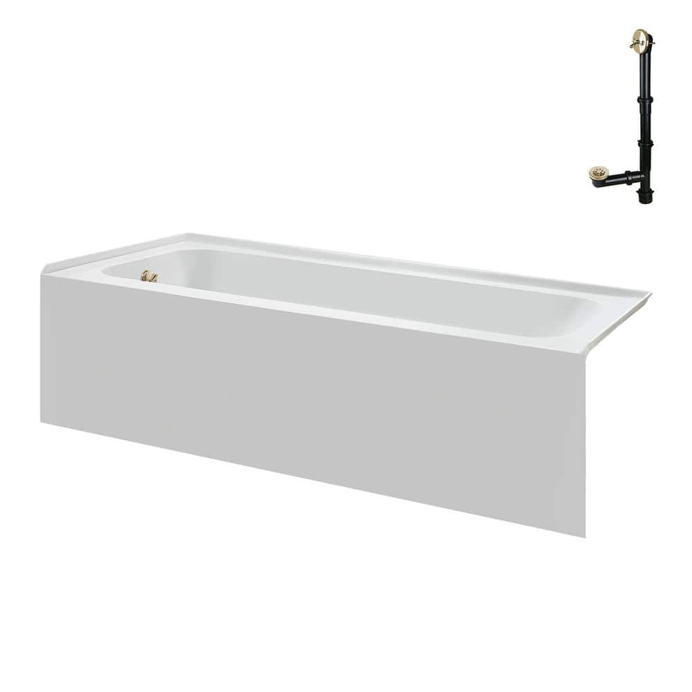 60-Inch Glossy White Acrylic Alcove Bathtub with Polished Brass Drain