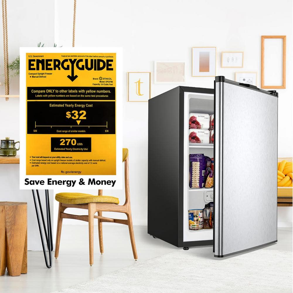 Compact Silver Stainless Steel Upright Freezer with Adjustable Shelves