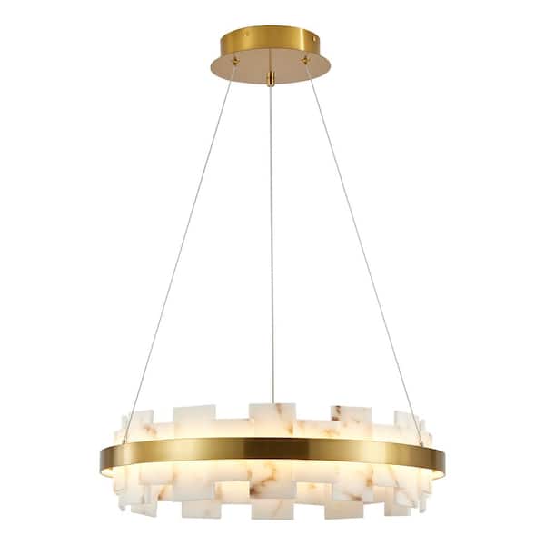 Gold Linear Chandelier with Faux Marble Circle Design and Integrated LED Fixture