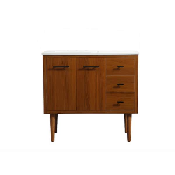 Unbranded Simply Living 36 in. W x 22 in. D x 33.5 in. H Bath Vanity in Teak with Ivory White Engineered Marble Top